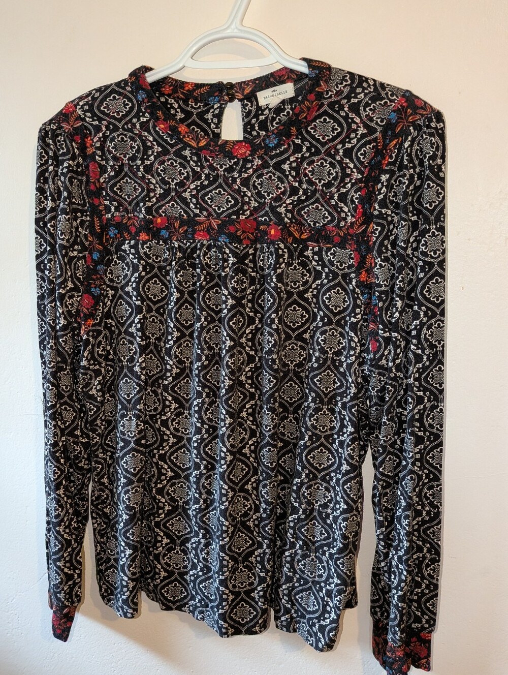 Mason & Belle Black Long-Sleeve Printed Tee with Multicolor Floral Trim